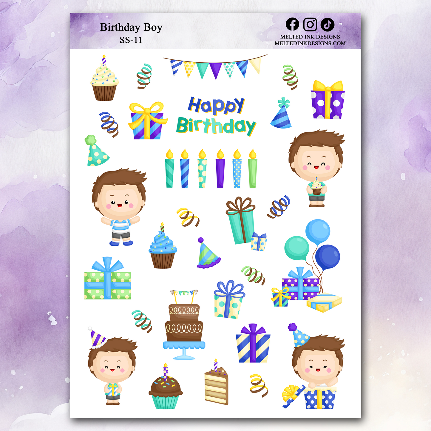 Photo is a picture of a Birthday Boy sticker sheet and the stickers correlate to things related to birthdays.