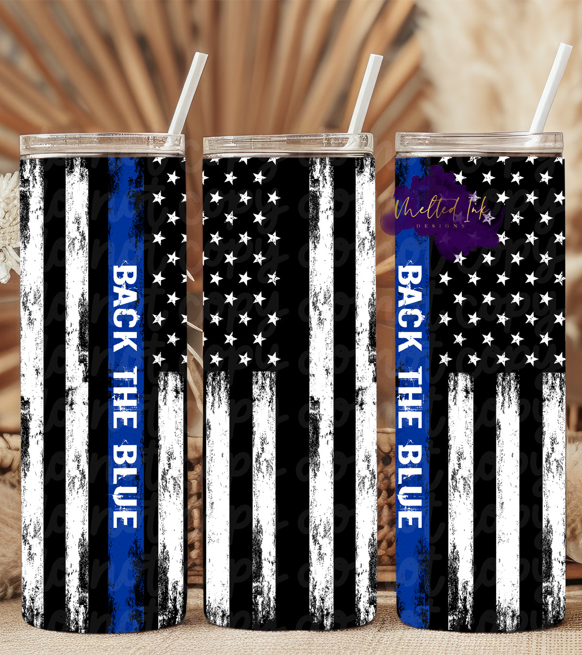 "Back the Blue" tumbler featuring a bold Thin Blue Line Flag design. A powerful and meaningful tumbler for law enforcement supporters. Ideal for everyday use and a great gift for anyone who proudly backs the blue.