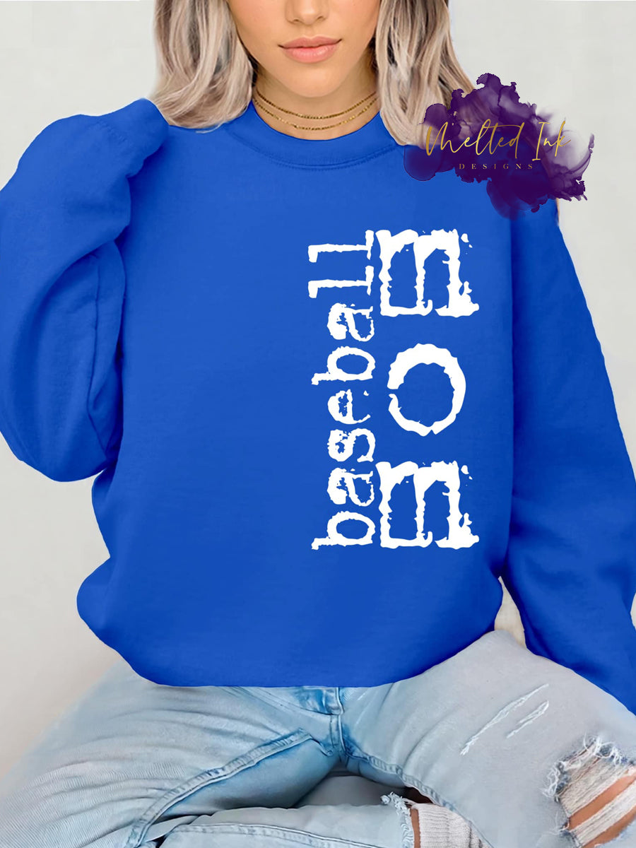 Bold distressed 'Baseball Mom' text design in a vertical layout. A trendy and stylish graphic for proud baseball moms supporting their favorite player