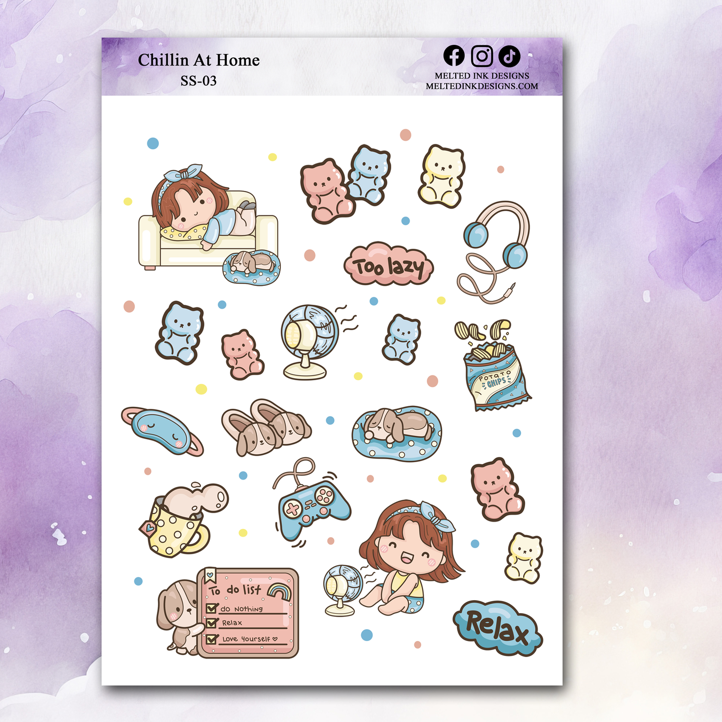 Photo is a picture of the sticker sheet called Chillin at home and has 20 stickers. Has girl laying on couch, gummy bears, bag of chips, headphones, game controller, a to do list and a bubble that says relax.