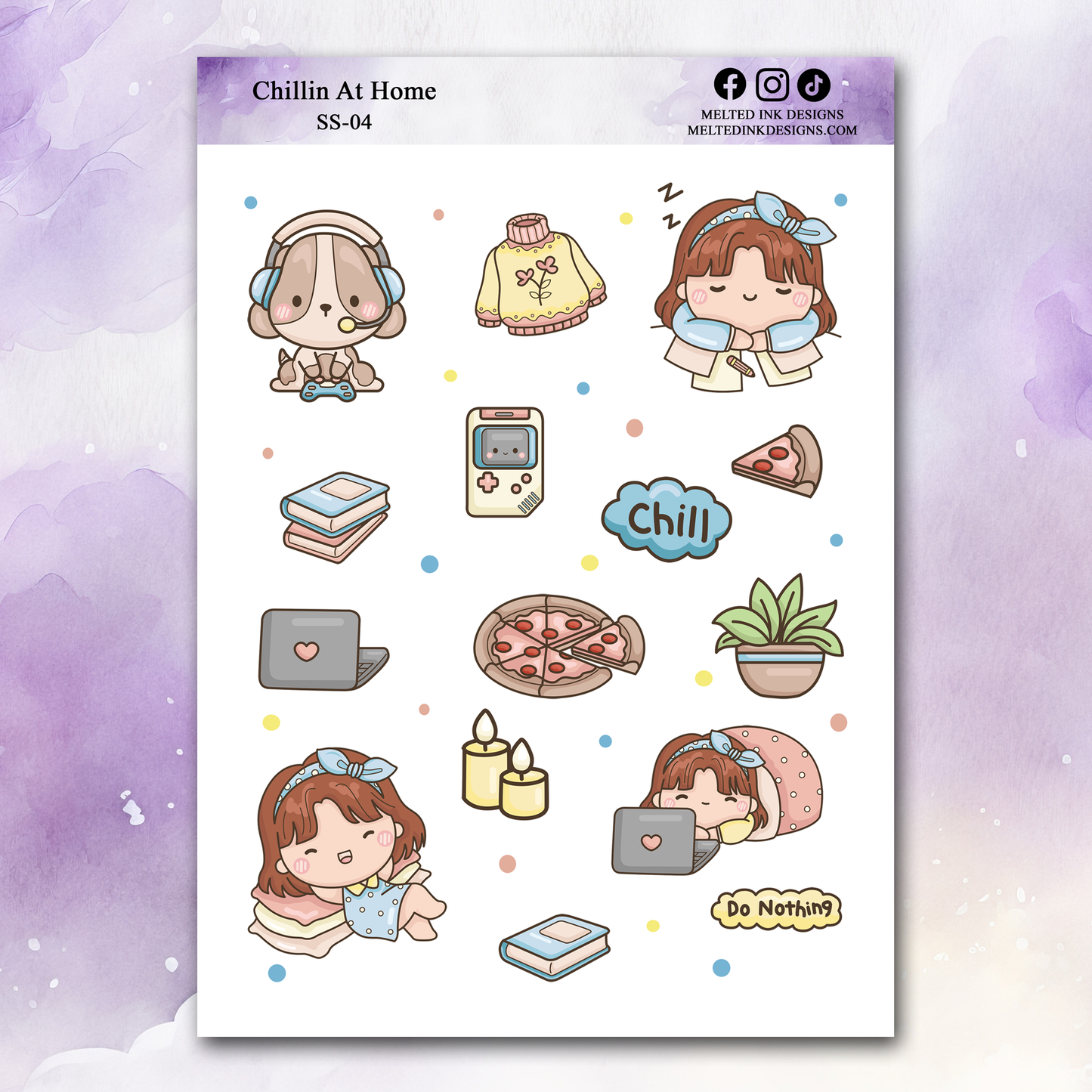 Photo is a coordinating sticker sheet for chillin at home. Has 15 stickers on it and they consists of a dog playing video games, sweater, pizza, plant, candles, computer, books, Girl laying down playing on computer, girl laying down and a chat bubble that says chill and another that says do nothing.