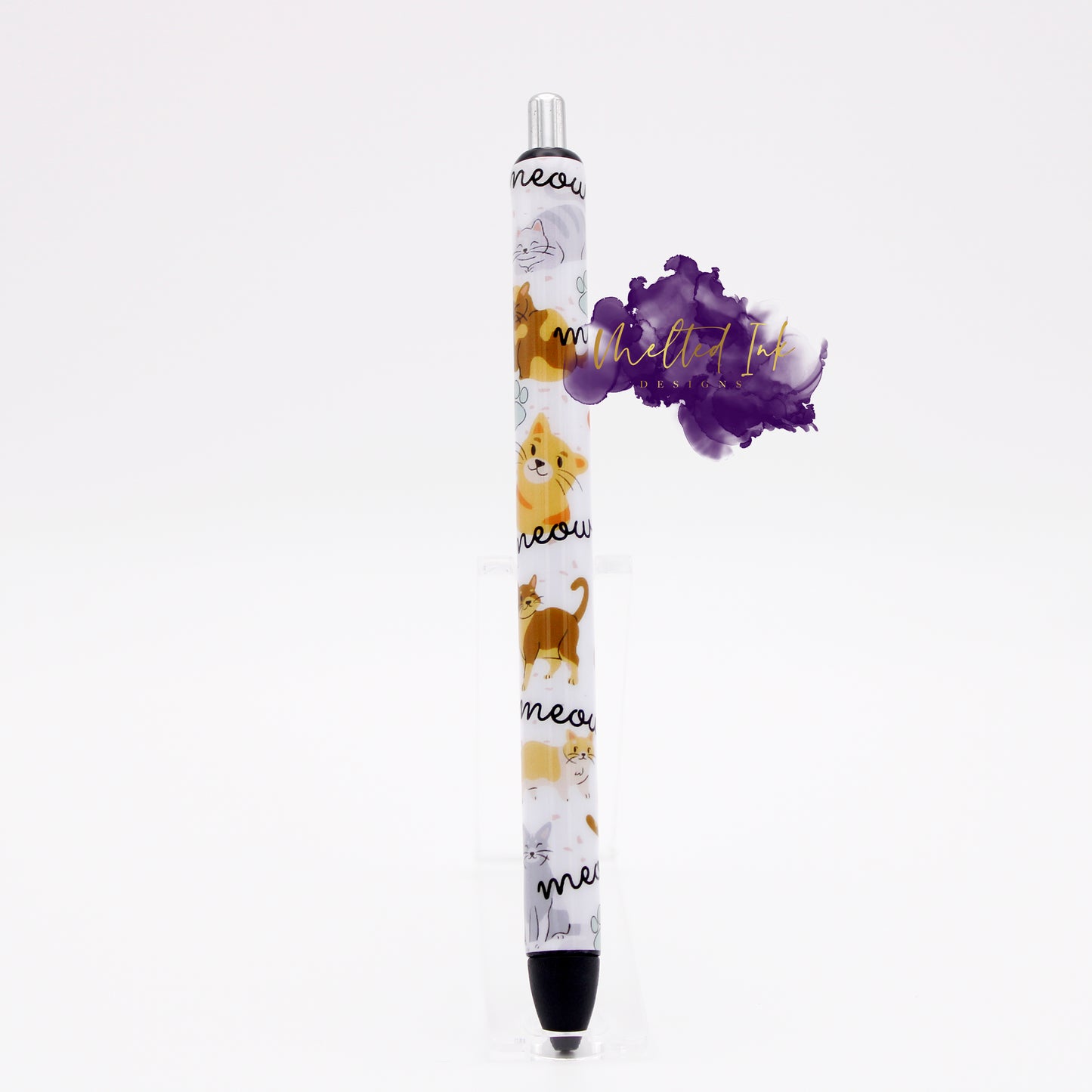 Photo is an epoxy ink pen and has a vinyl pen wrap with several different colored cats and says meow throughout design. Comes with black ink.