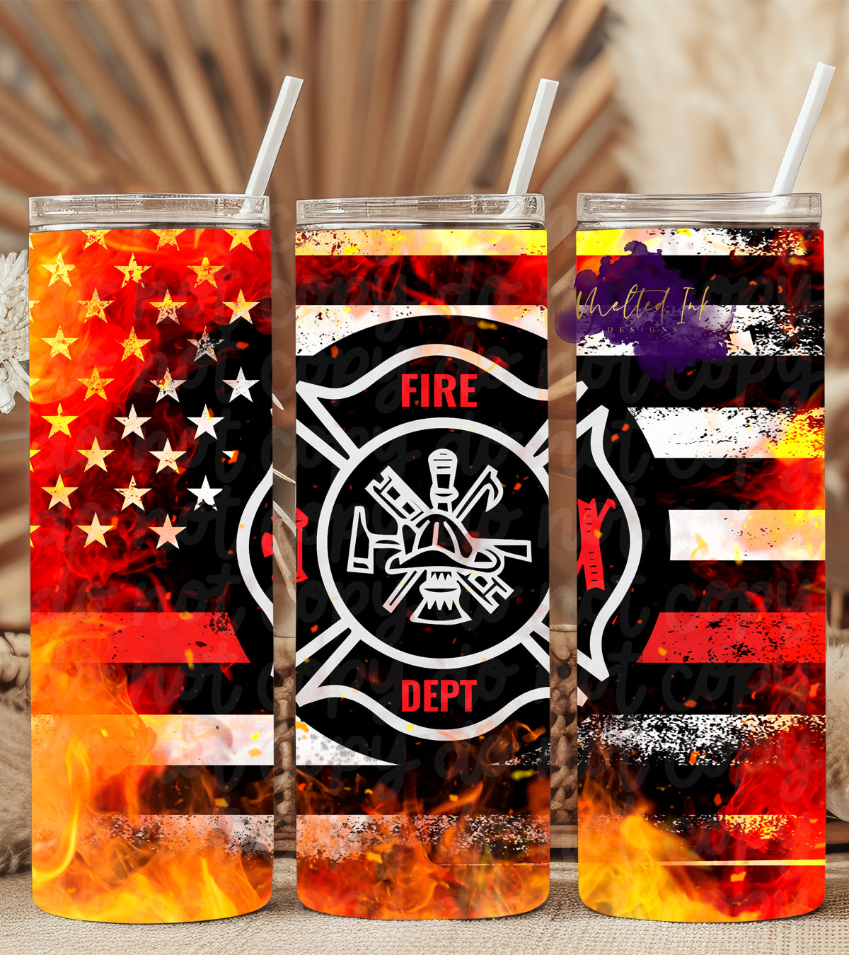 Firefighter tumbler featuring a black-and-white American flag with vibrant orange and red flames and the iconic fire department emblem. Perfect for keeping drinks hot or cold, this tumbler is a meaningful and practical gift for firefighters and supporters of the firefighting community.