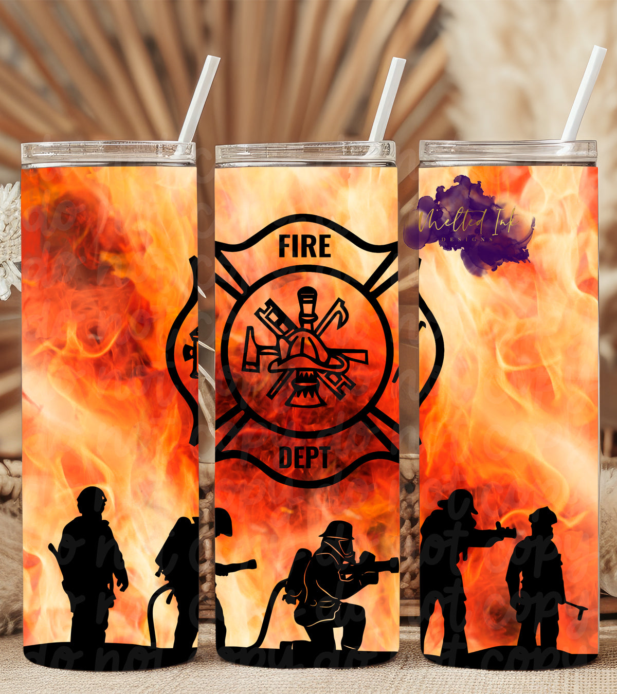 Firefighter tumbler featuring silhouettes of firefighters in action with a backdrop of blazing flames and the iconic fire department emblem. A tribute to firefighter bravery and perfect for hot or cold drinks, this tumbler makes a meaningful gift for firefighters and their families.