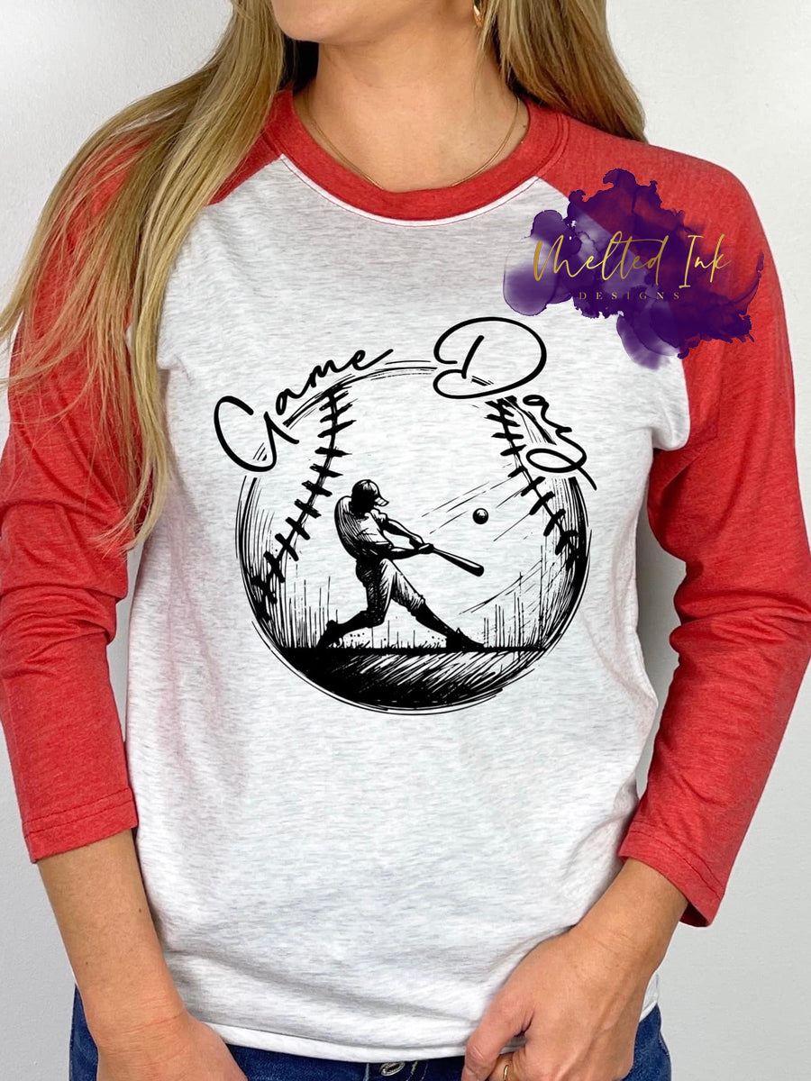 Vintage-style baseball design featuring a batter in action within a stitched baseball graphic. Perfect for game-day and sports enthusiasts.