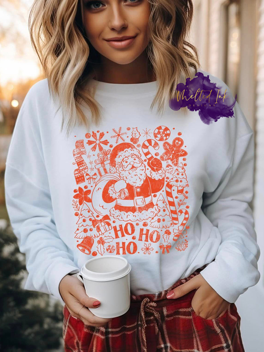 Photo is a mock up of the design and is a red distressed santa that has little pictures of different christmas related things and says ho ho ho.
