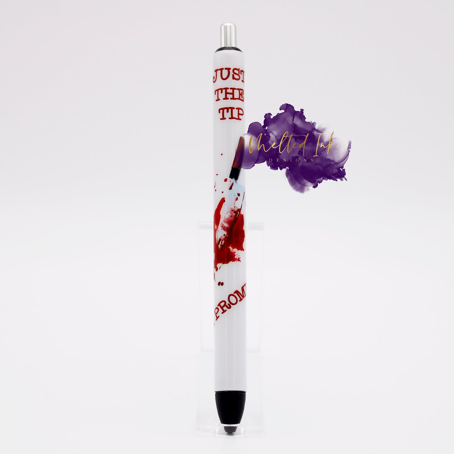 Photo shows an epoxy pen with a vinyl pen wrap that says just the top I promise. Shows a bloody knife on the design. Pen comes with black ink.