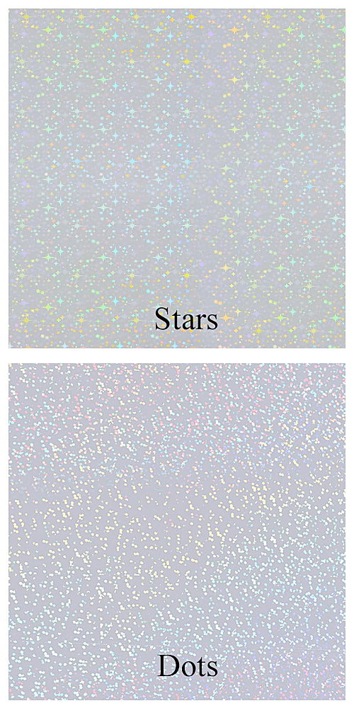 Two holographic laminate options featuring a star pattern and a dot pattern. Each laminate adds a shimmering, reflective finish.