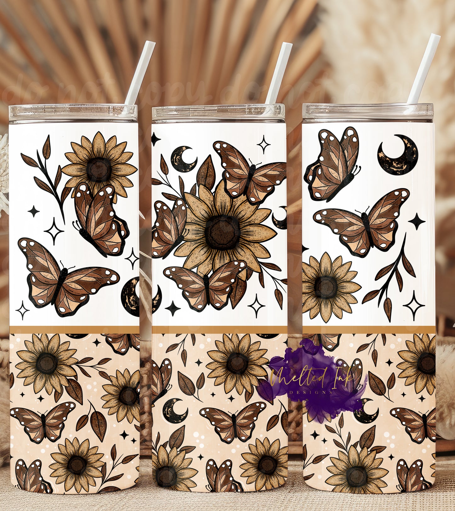 Sunflower butterfly tumbler with floral and butterfly design. Perfect for nature lovers, outdoor enthusiasts, or as a thoughtful gift. Ideal for everyday use, this tumbler is a stylish and eco-friendly drinkware option with a stunning sunflower and butterfly pattern.