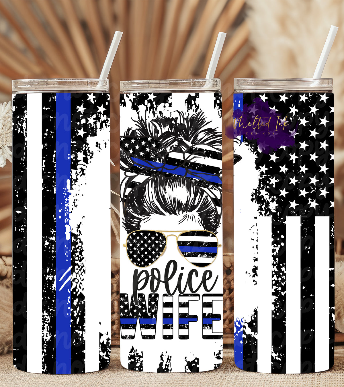 Police Wife tumbler with a Thin Blue Line Flag design, symbolizing support for law enforcement. A powerful and meaningful tumbler, perfect for police wives and law enforcement supporters. Ideal for everyday use and as a thoughtful gift.