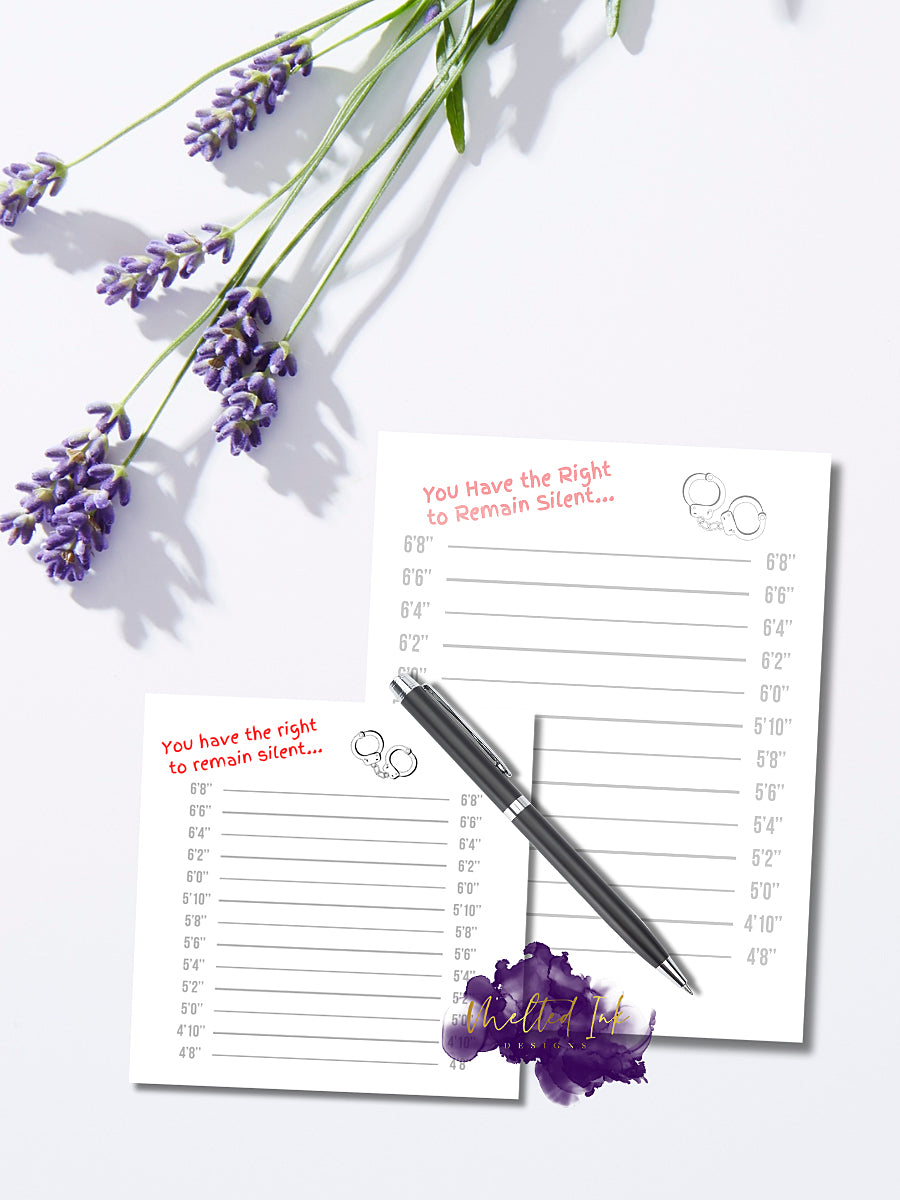 Funny notepad with 'You have the right to remain silent' text and handcuffs design – humorous stationery gift.