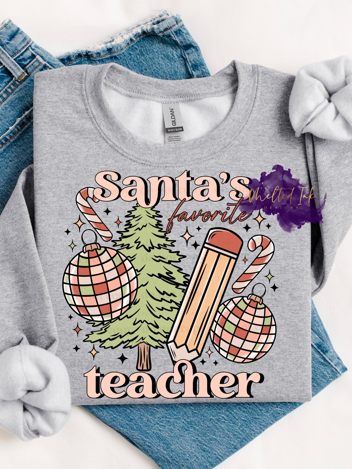 Photo is a mock up of design. Design is colored light pinks and light green and says Santa's Favorite teacher. Has picture of a christmas tree, ornaments, candy cane, and pencil.