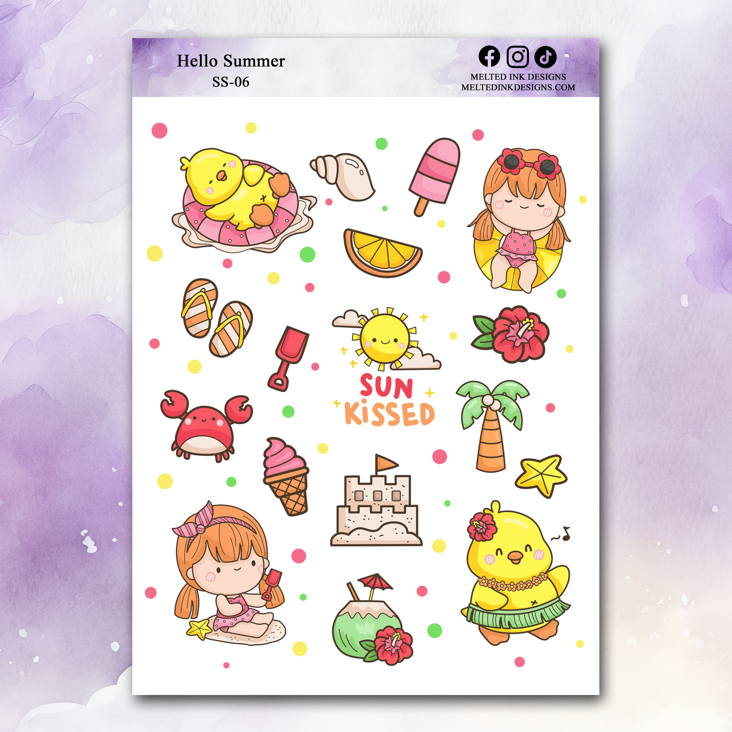 Photo is of a sticker sheet titled hello summer and has stickers related to summer things. Watermelon, palm trees, ice cream, crab, flip flops, sand castle, sun, duck, sunglasses, seashell.