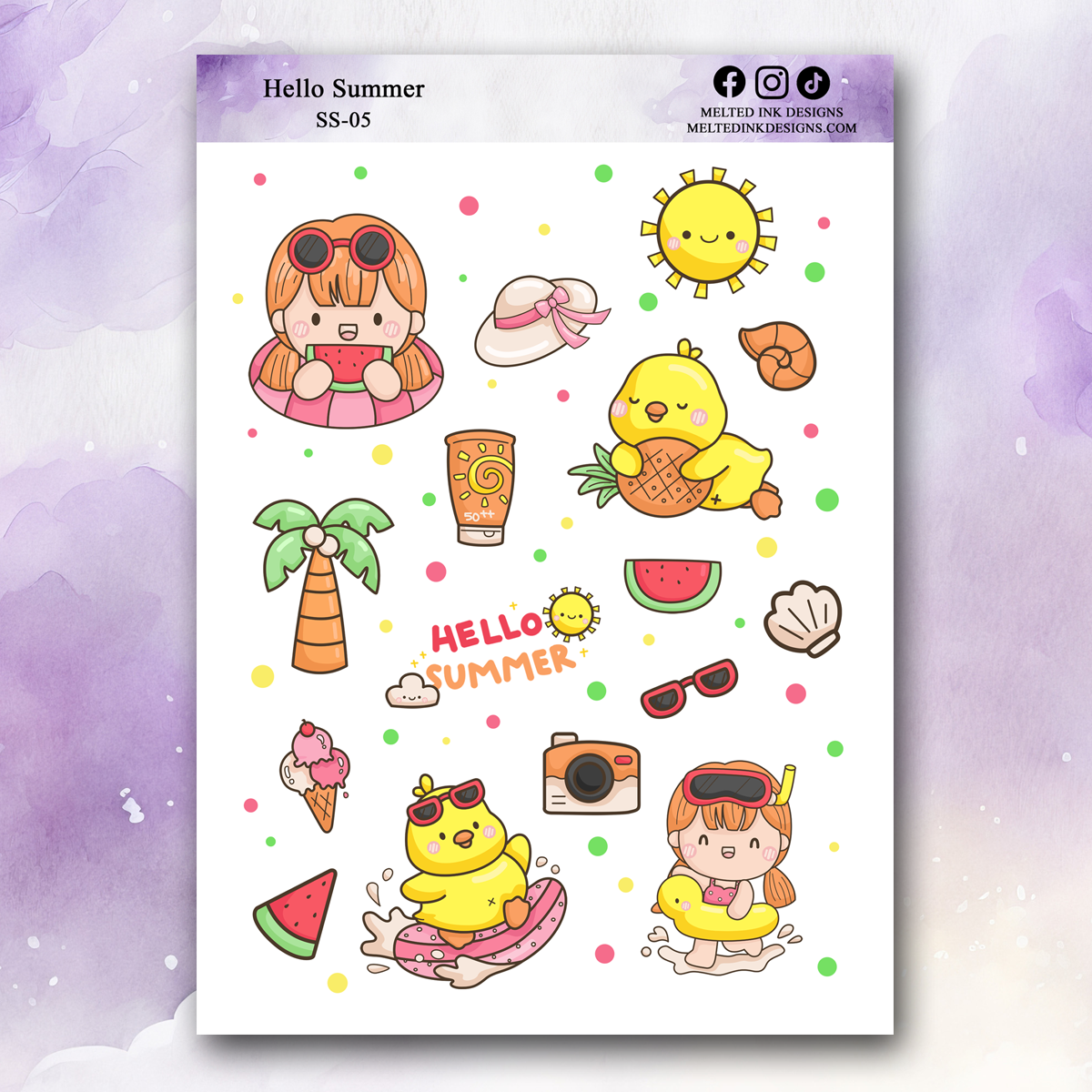 Photo is of a sticker sheet titled hello summer and has stickers related to summer things. Watermelon, palm trees, sun, duck, sunglasses, seashell.