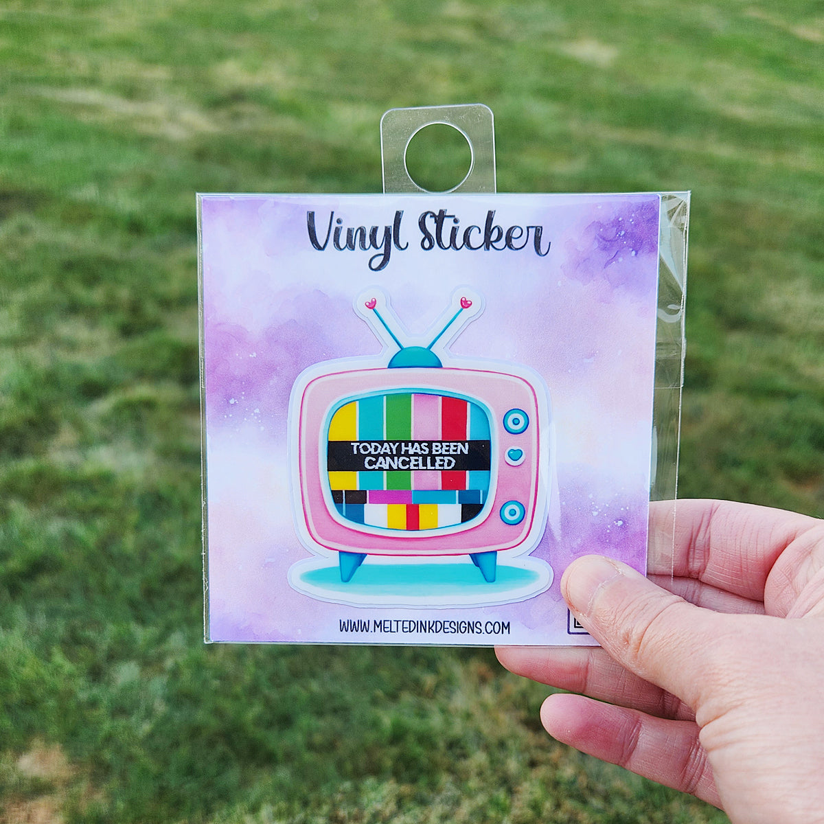 Vinyl sticker showing a tv and reads today has been canceled.