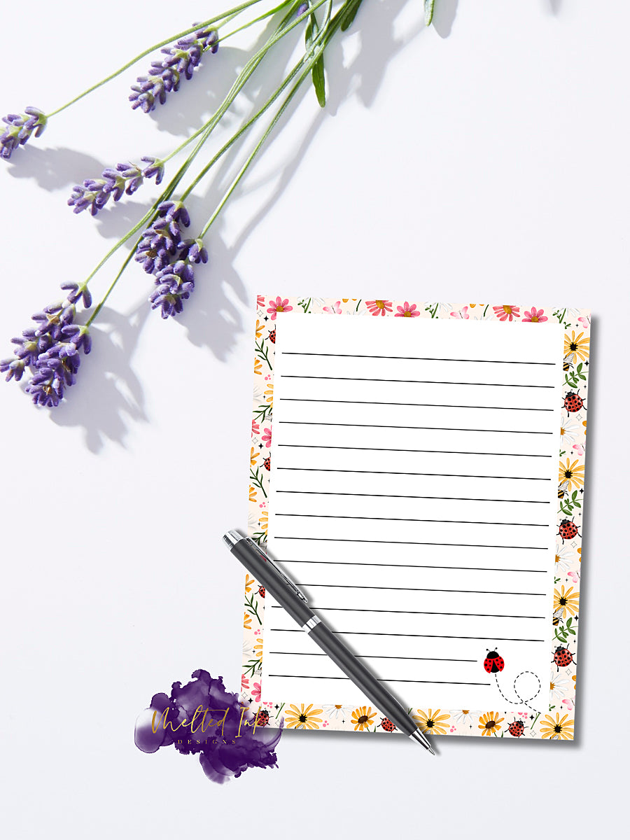 Floral wildflower notepad with colorful hand-drawn flowers and cute ladybug design. Perfect for daily notes, to-do lists, and stationery lovers.