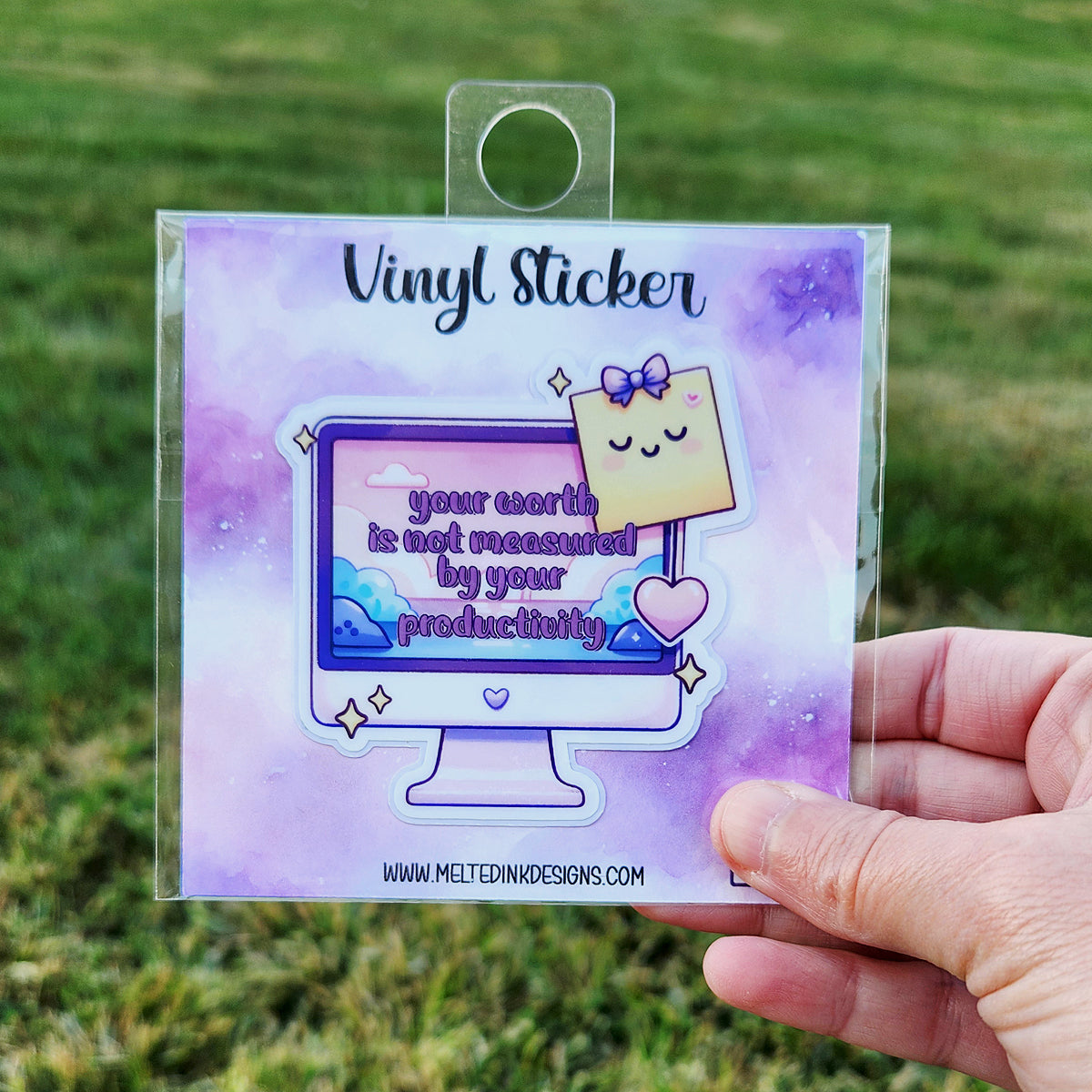 Vinyl sticker that shows a whimsical computer that says your worth is not measured by your productivity.