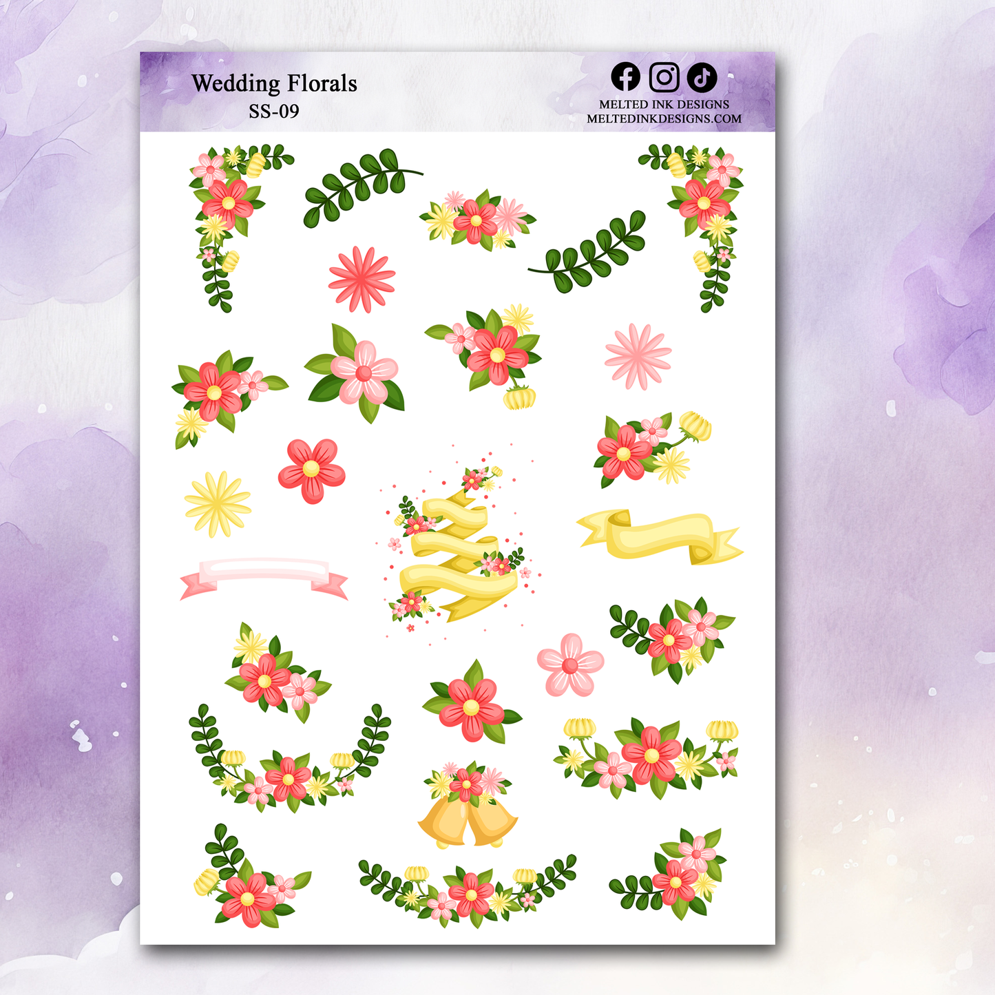 Photo is a picture of a sticker sheet that consists of 27 stickers and has pink and yellow flowers, yellow and pink banners and wedding bells.