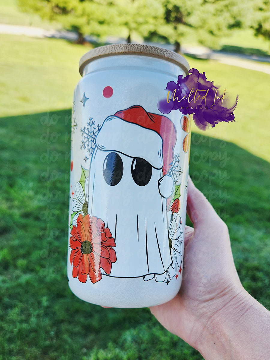 Floral Santa Ghost Glass Can