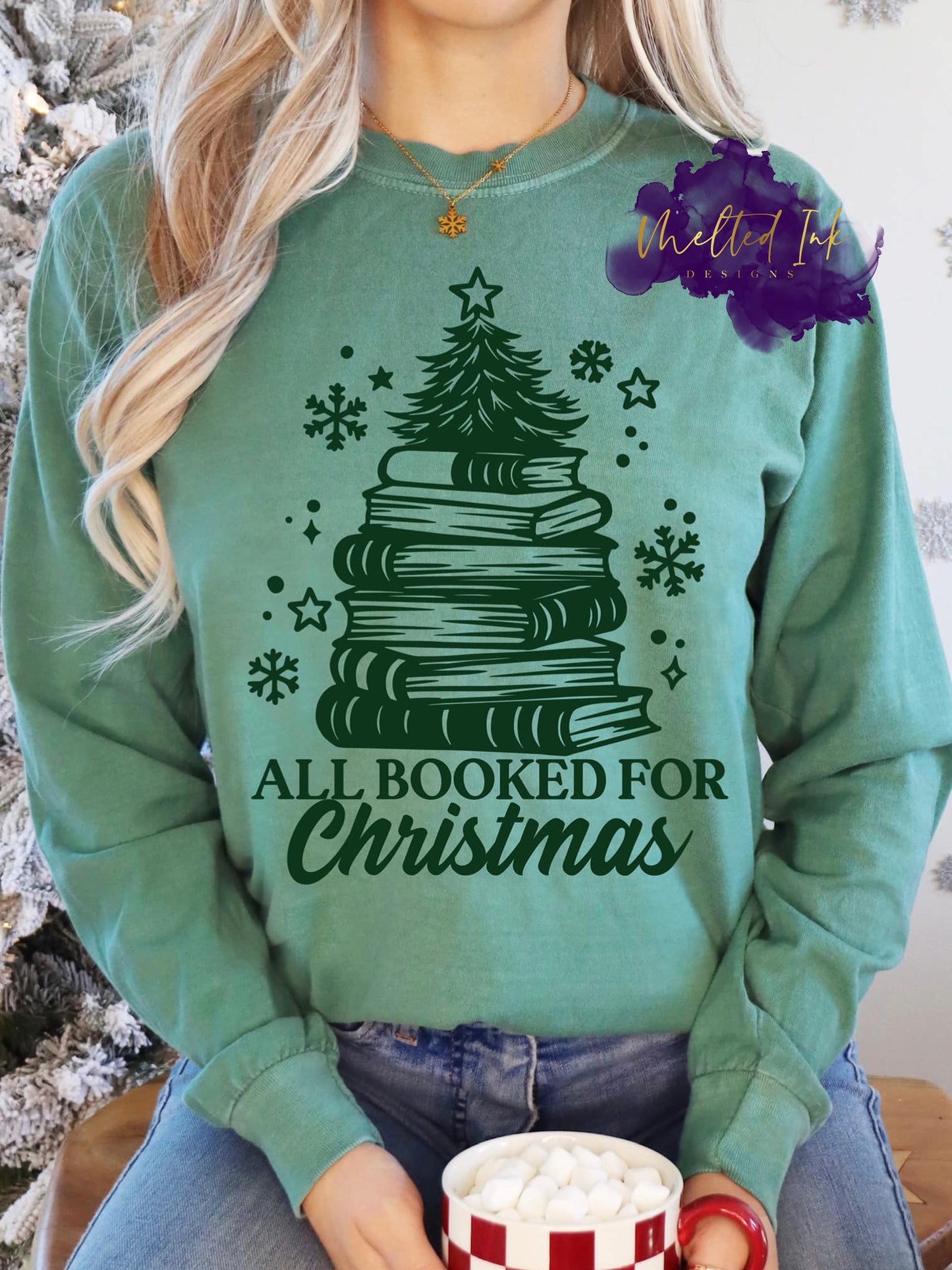 Christmas book lover shirt design featuring All Booked For Christmas quote