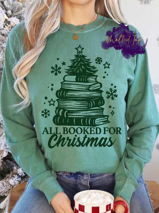 Christmas book lover shirt design featuring All Booked For Christmas quote