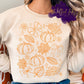Image shows a fall-themed outline design featuring pumpkins, bows, floral details, and autumn leaves arranged in a balanced pattern. A cozy and festive seasonal graphic perfect for shirts, sweatshirts, and hoodies.