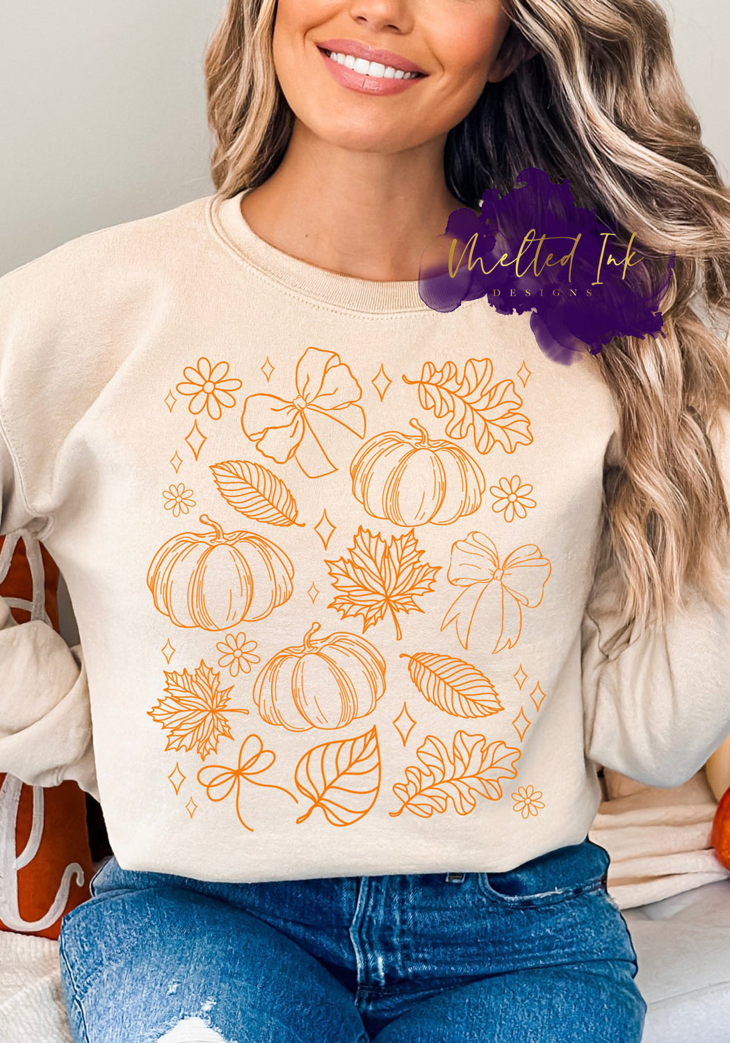 Image shows a fall-themed outline design featuring pumpkins, bows, floral details, and autumn leaves arranged in a balanced pattern. A cozy and festive seasonal graphic perfect for shirts, sweatshirts, and hoodies.