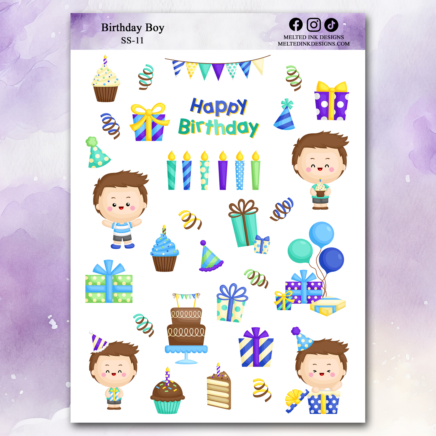 Photo is a picture of a Birthday Boy sticker sheet and the stickers correlate to things related to birthdays. 