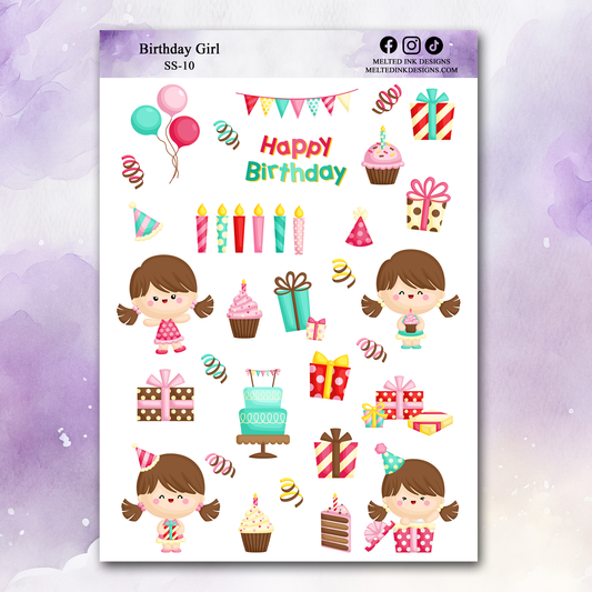 Photo is a picture of a Birthday Girl sticker sheet and the stickers correlate to things related to birthdays. 