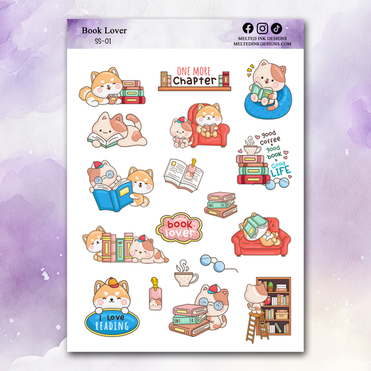 Photo is a picture of a sticker sheet related to book lovers that consists of 18 stickers