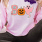 A chenile patch sweatshirt design with the word “Boo” featuring a spider-web letter B, jack-o’-lantern pumpkin for the O, and a ghost for the last O. A cute Halloween design perfect for shirts, sweatshirts, and hoodies.