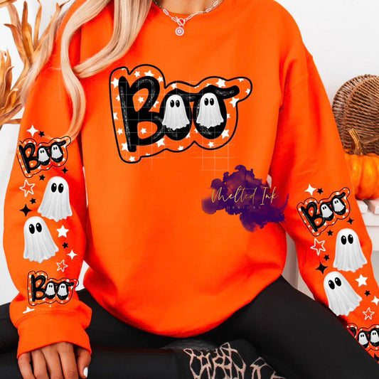 Shirt design with the word “Boo” in bold lettering on the chest with the option of matching ghost and star designs printed on the sleeves. A playful and festive Halloween design perfect for shirts, sweatshirts, and hoodies.