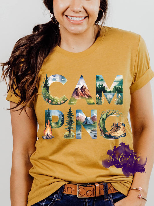 Shirt design with the word “CAMPING” in bold letters, each filled with scenic outdoor illustrations including pine trees, mountains, a tent, a campfire, and a hiking boot. A nature and adventure themed design perfect for shirts, hoodies, and sweatshirts.