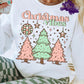 Photo is of a mock up of design and is on a white sweatshirt. Design is of pink and green Christmas trees and says Christmas Vibes. 