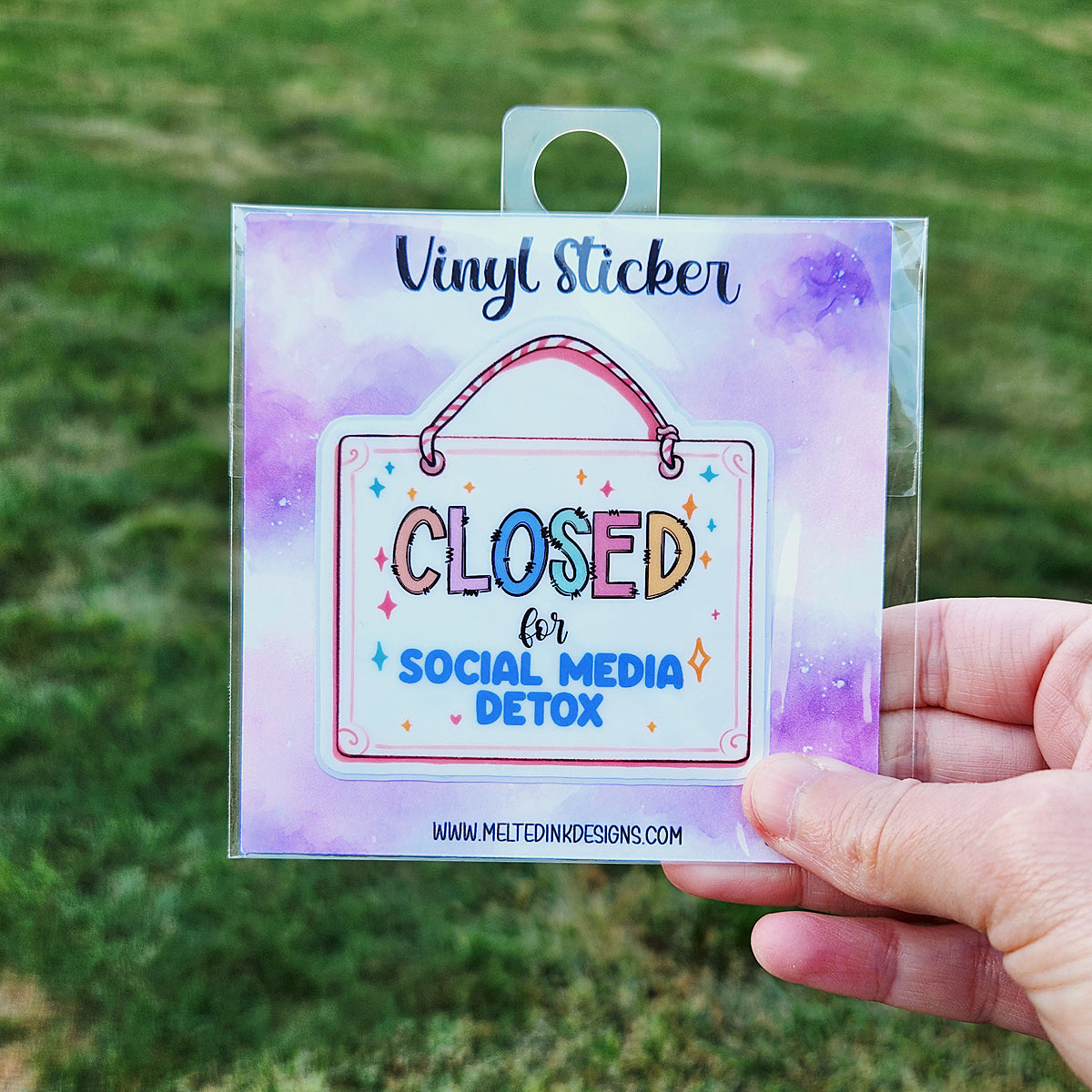 Sticker is of a hanging sign that says Closed for Social Media Detox