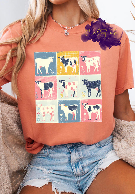 Cow print shirt design with colorful patchwork design featuring different cow illustrations