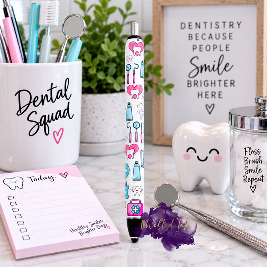 Decorative ink pen featuring dental-themed tooth graphics and a coordinating dental design.