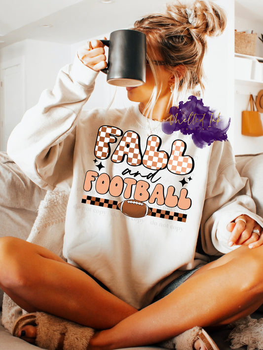Photo is a mock up of design. Design is colored and says Fall & Football. The word Fall is checkered brown print. 