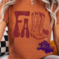 Shirt design with the word “FALL” in large retro distressed lettering, paired with an illustration of cowboy boots and a small pumpkin. A rustic, Western-inspired fall design for shirts, sweatshirts, and hoodies.
