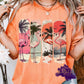 Vintage tropical flamingo print design with palm trees.