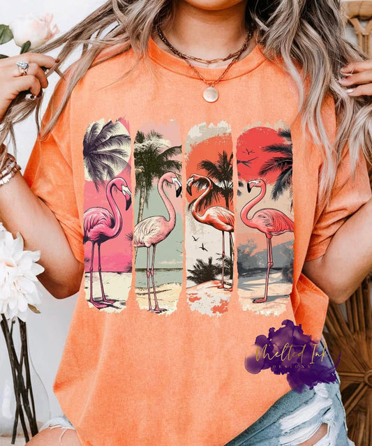 Vintage tropical flamingo print design with palm trees.