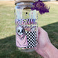 Photo is of a glass can wrap with a skeleton wrapped in a blanket and says freezing season. 