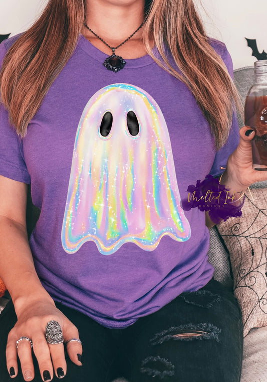 Glitter Iridescent ghost design featuring rainbow hues and sparkly details.