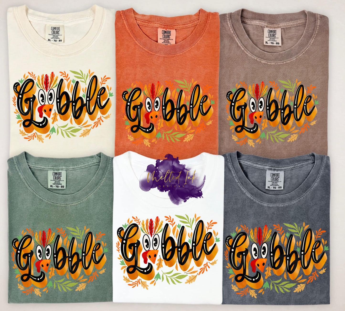 Design is  mock up and says Gobble. The O is a turkey's face. (Eyes and nose)