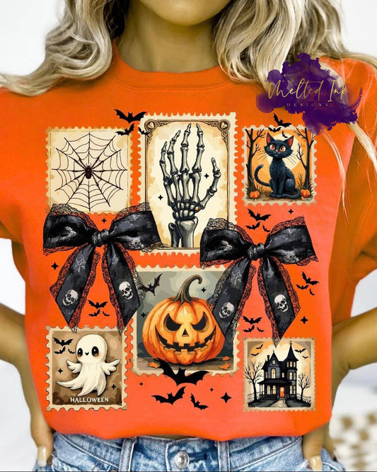 Design features stamp style frames with a skeleton hand, pumpkin, black cat, haunted house, cobweb, and cute ghost. Two black lace bows with skull patterns and small flying bats decorate the layout.
