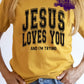 Photo is a mock up of design. Design is says Jesus loves you and I'm trying in black print. 