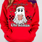 Design is a mock up and is on a red hoodie. Design is colored and is a picture of a ghost in a santa hat holding a coffee mug in front of a checkered rectangle. Design says Just waiting for Christmas. 