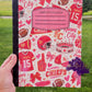 Pink, Red and Gold Kansas City football-themed composition notebook featuring football helmets, footballs, jerseys, bows, pom-poms, hearts, stadium illustrations, and game day-inspired artwork surrounding a pink composition book label.