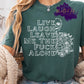 Image shows bold white text reading “Live Laugh Leave Me The Fuck Alone” with a skeleton illustration and floral details surrounding the ribcage.