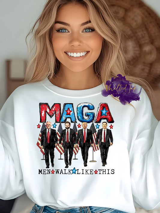 Photo is a mock up and says MAGA men walk like this. Picture is of JFK Jr, Vance, Trump and Musk. In the background of the design are American Flags. 